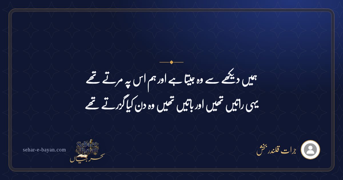 ہمیں دیکھے سے وہ جیتا ہے اور ہم اس پہ مرتے تھے — شیئر کارڈ